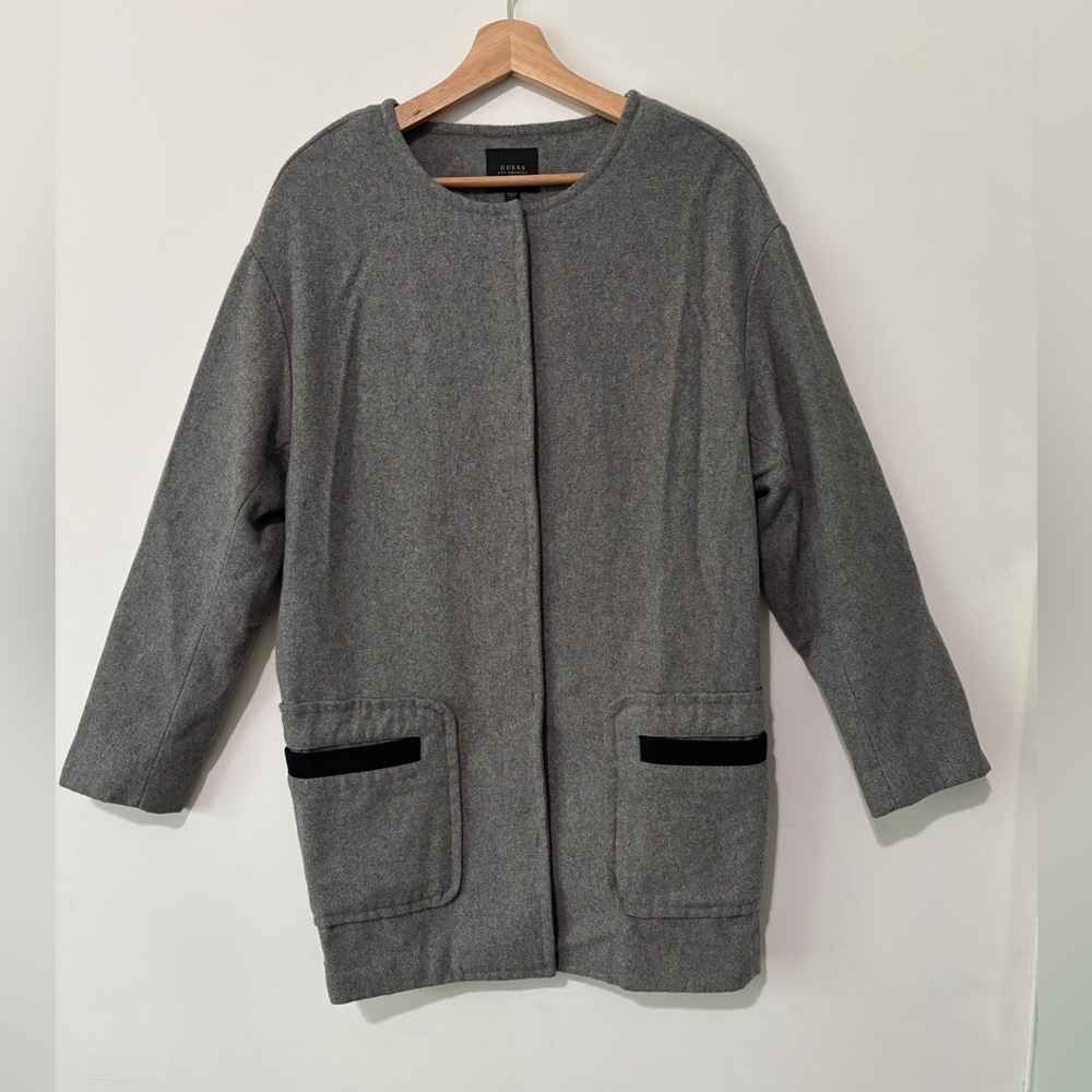 Guess Grey Collarless Pea Coat with Black Pocket Trim